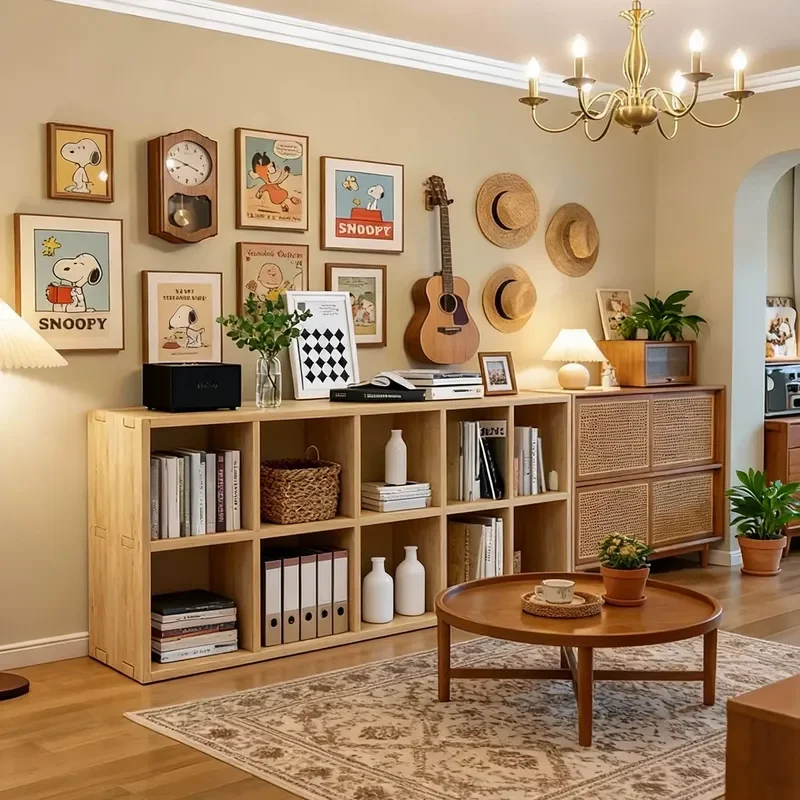 for Solid Wood Floor to Ceiling Bookcase Wall Mounted Storage Shelf for Kindergarten Living Room Home Plaid Design Bookshelf
