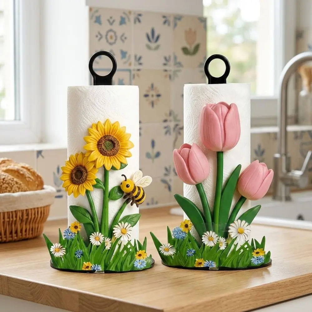 2D Flat Floral Paper Towel Holder Animal Flower Pattern Freestanding Vertical Roll Paper Holder Cook Character Wooden Base