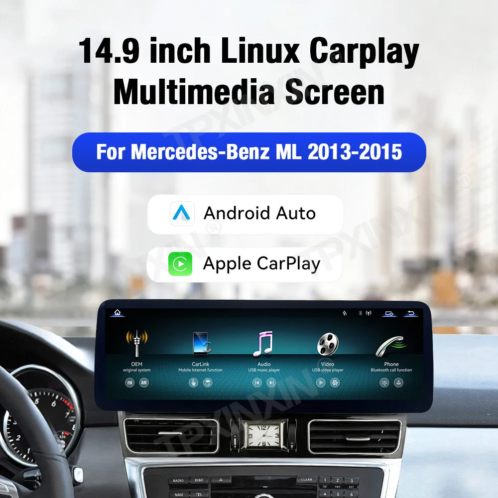 Linux 14,9 Zoll Autoradio Multimedia Player Navigation GPS Stereo Android Auto Carplay für Mercedes Benz M-Klasse ML W166 2013-2015
