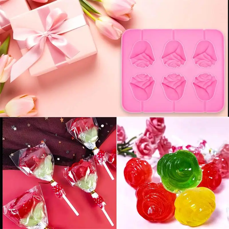 3D Rose Flower Lollipop Mallen 6 Rose Cheese Stick Siliconen Mal Lollipop Chocolade Taart Decoratie Bakvorm Keuken Tool DIY
