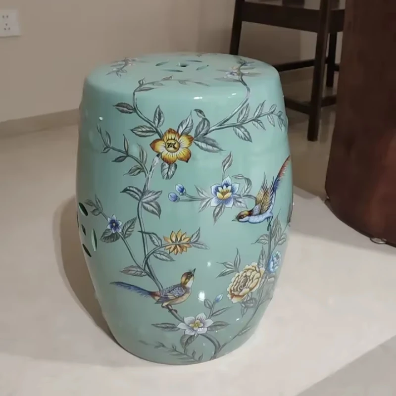 السيراميك الغرور البراز حذاء البراز زهرة الطيور طبل البراز الخزف الرصيف المطرزة العثماني ديكور المنزل H45X28cm