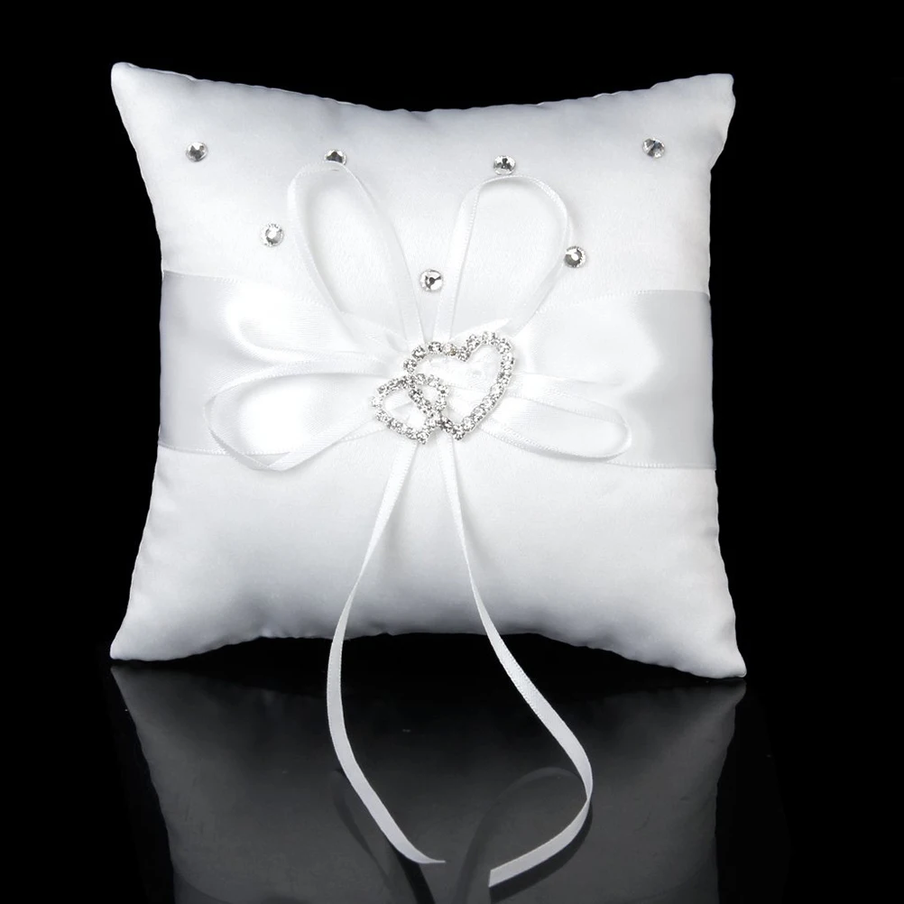 

2 Pcs Delicate Rhinestone Decor Double-Heart Style Flower Basket For Wedding Ceremony Party With Ring Pillow White