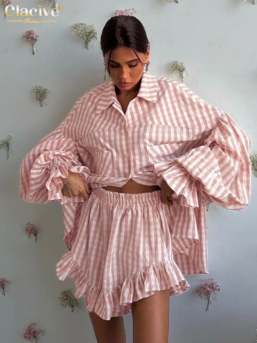 Clacive Fashion Loose Stripe 2 Piece Sets Women Outfit 2025 Elegant Long Sleeve Shirt With High Waist Ruffle Shorts Set Female