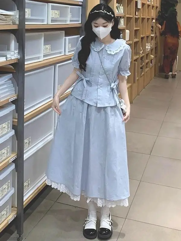 Conjunto de Verão para Meninas de 13 a 15 Anos, Camisa e Saia em Duas Peças, Vestido para Alunas do Ensino Fundamental, Crian...