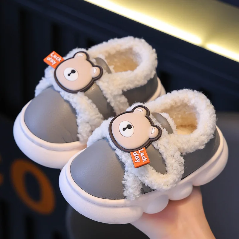 2024 Cartoon Bear Toddler Boys Girls Slippers Winter Warm Plush Kids Slippers Hook Loop Soft Children Indoor Shoes