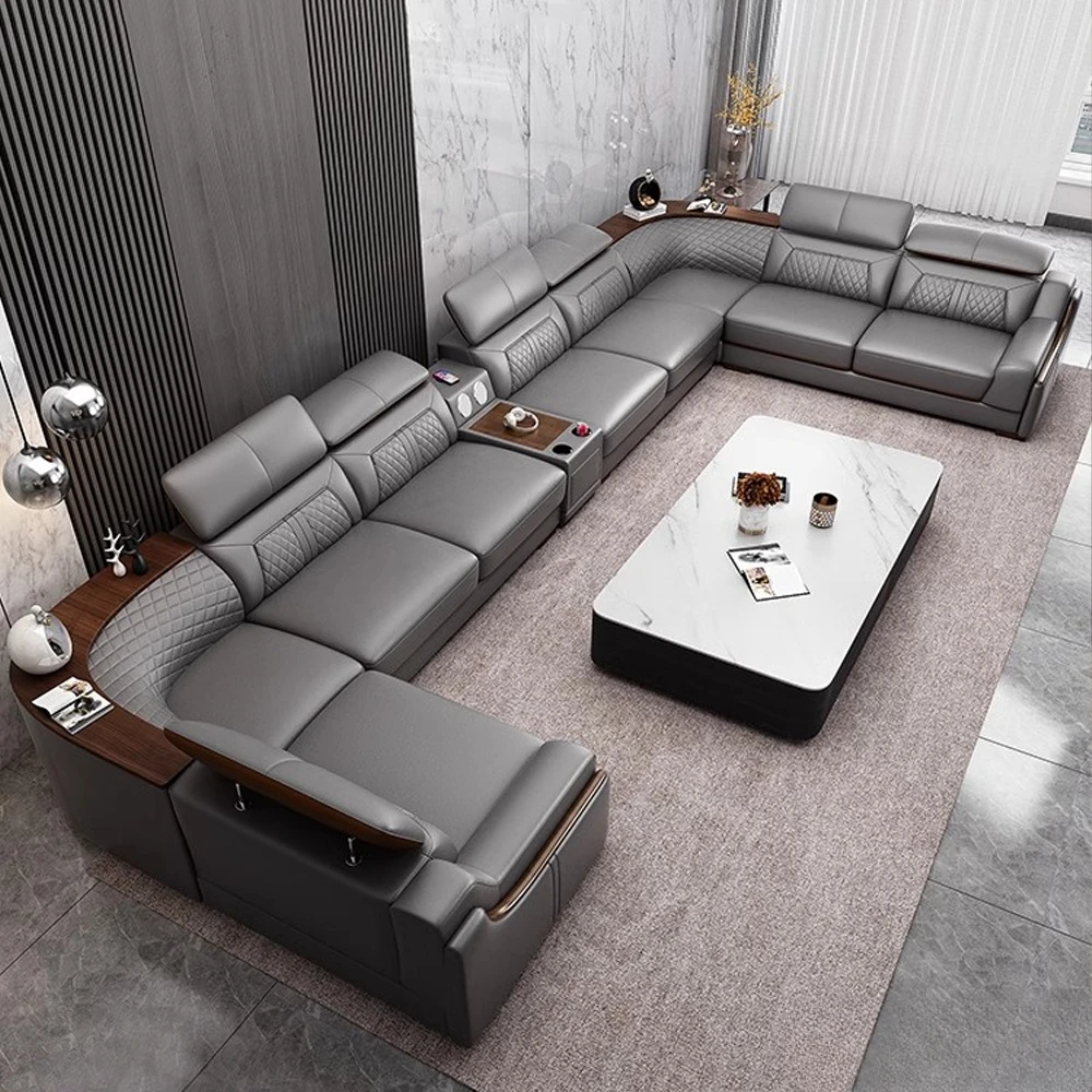 Premium Italian Leather Couch Set with Cup Holder, USB, Adjustable Headrests & Bluetooth Speaker  Living Room Sofas