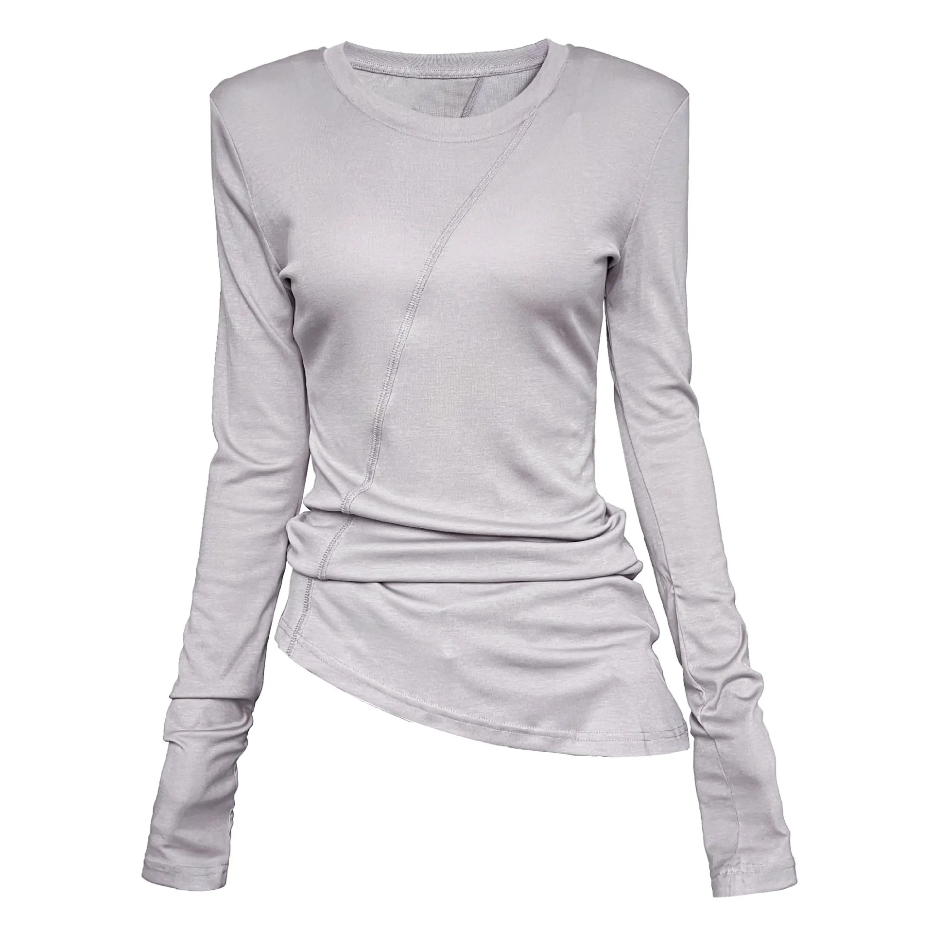 2025년 봄 여성 캐주얼 한국 불규칙 슬림핏 티셔츠, 새로운 컷라인과 주름진 베이스, 탑 2870