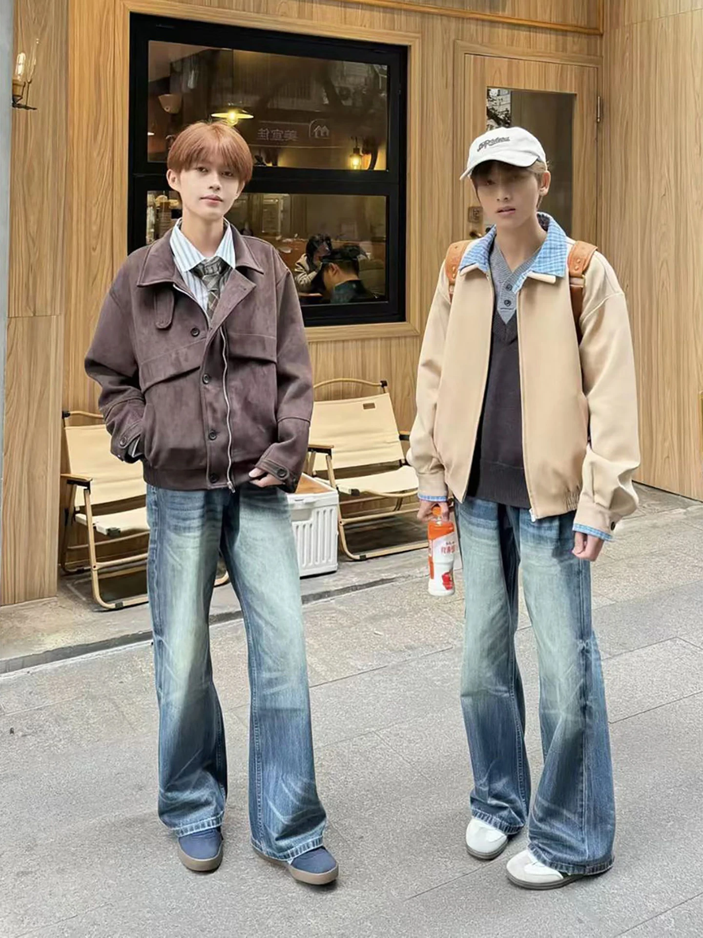 

Retro American Blue Washed Jeans Men's Loose Straight Leg Micro Flared Blue Jeans Casual Low Waist Zipper All Seasons