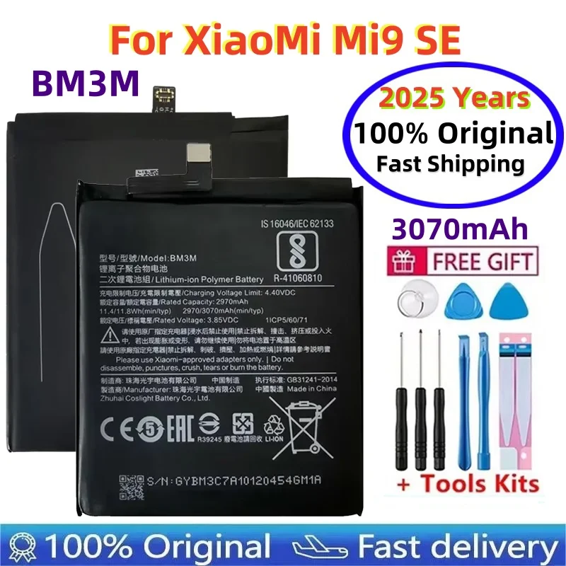 

2025 Years 100% Original Replacement Battery For XiaoMi Mi9 SE BM3M Genuine Phone Battery 3070mAh Fast Shipping +Tools