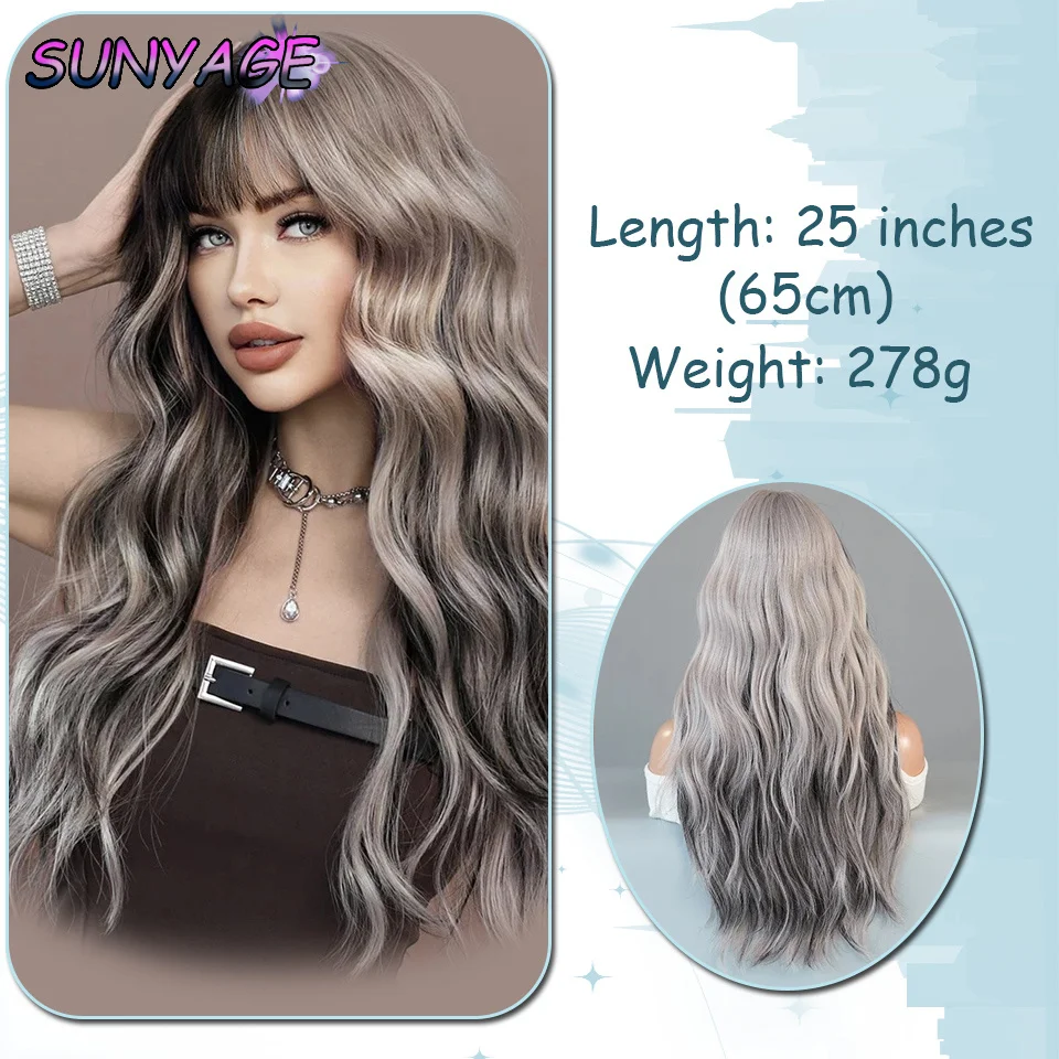 SUNYAGE wig gradien berbentuk gelombang, penutup kepala penuh gulung panjang, wig warna gradien harian, desain kepala penuh