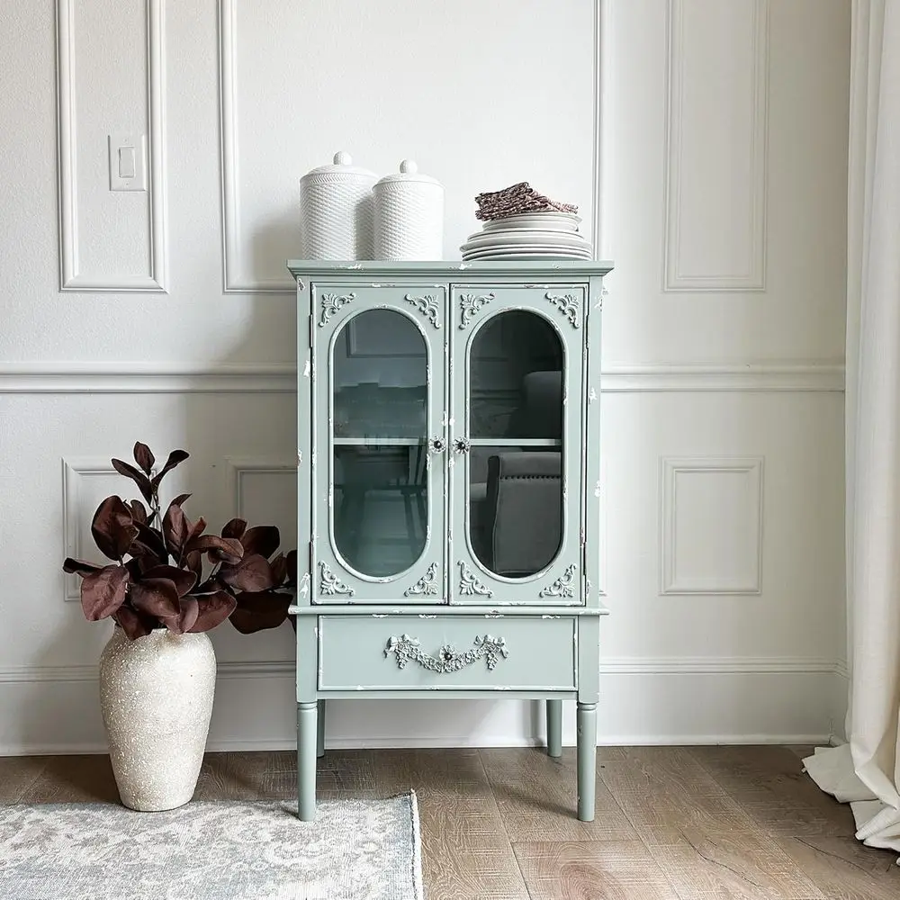 

Mint Green Antique China Cabinet, 2 Glass Doors & 1 Drawer for Kitchen Dining Room
