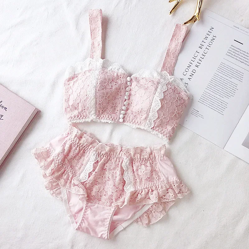 Conjunto de sujetador de tubo de encaje de algodón con botón frontal Lolita para niña japonesa, ropa interior blanca kawaii, estilo retro dulce, sin anillo de acero