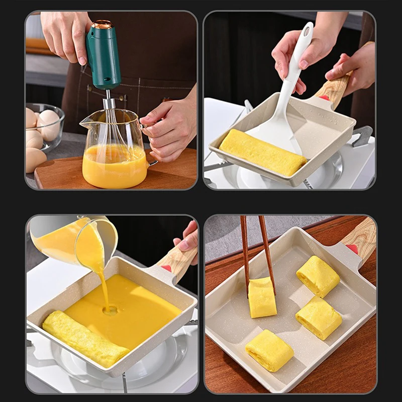 2pcs/Set Tamagoyaki Japanese Omelette Pan with Silicone Spatula Egg Pan Skillet Rectangle Frying Pan Kitchen Cooking Accessories