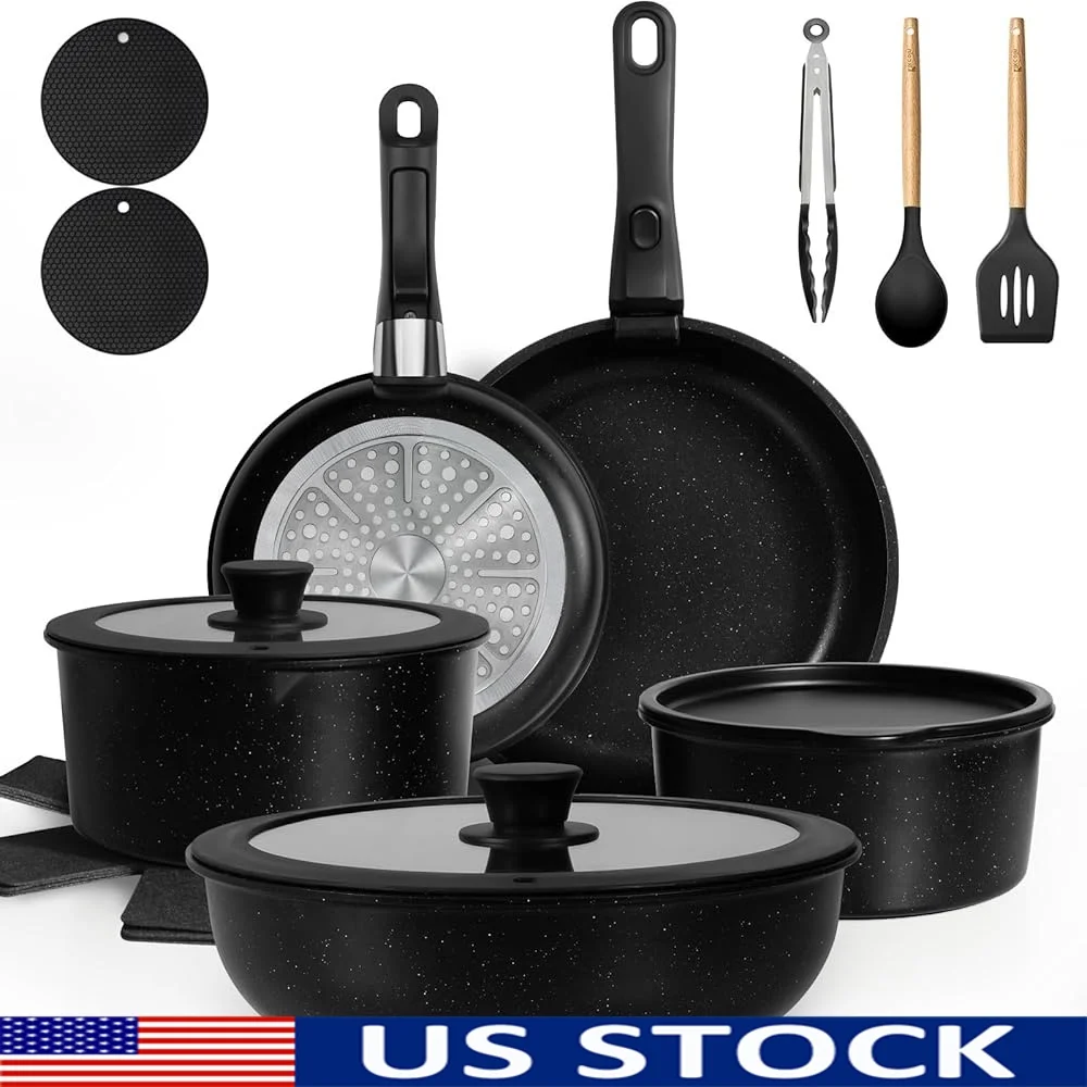 

20 Pcs Non Stick Cookware Set Detachable Handle Induction Safe Kitchen Pots Pans Silicone Utensils Easy Clean Space Saving