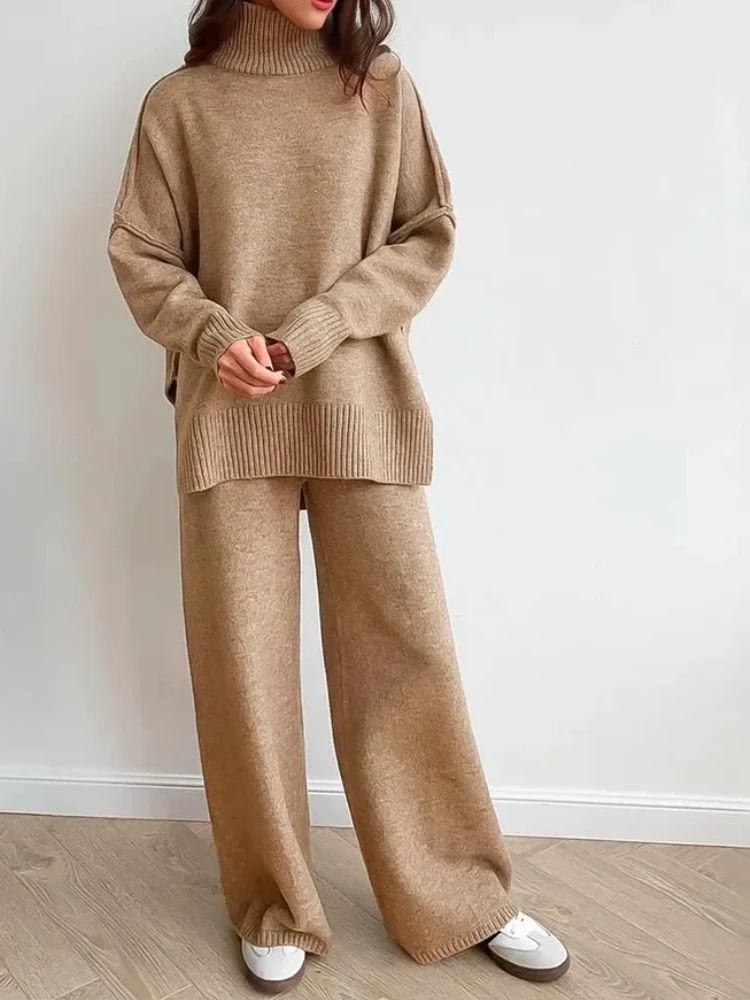 

Модный женский вязаный костюм, мягкая водолазка, свитер с длинными рукавами, широкие брюки, комплекты из 2 предметов, осенне-зимняя домашняя одежда