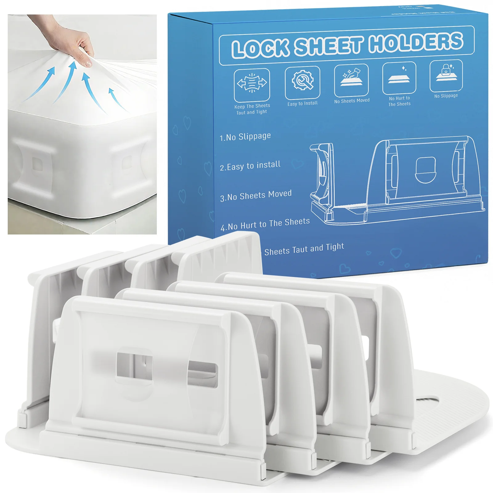 

Bed Sheet Holder with Clip Lock, Open Corner Fitted Bedsheet Holder with Enhanced Straps Bed Sheet organizer No More Loose Sheet