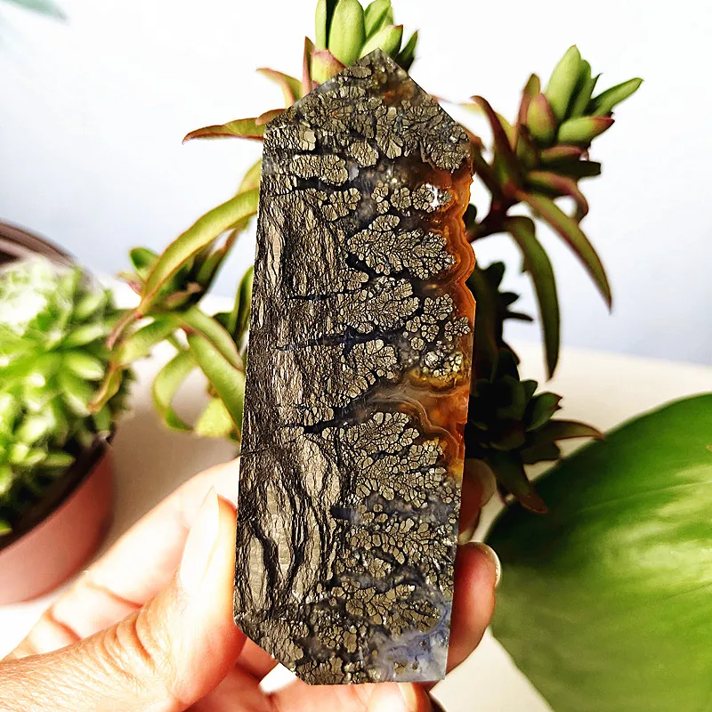 Natural Agate Crystal Tower Stone Wand Point  Room Decoration Agate and Pyrite Mineral Symbiont Ornaments Reiki Healing Crystals