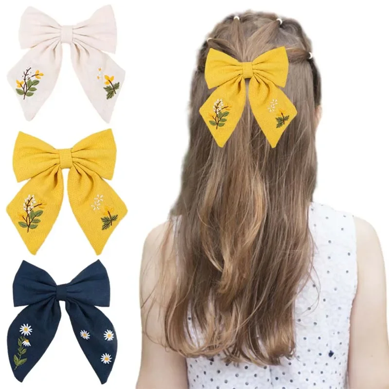 Ncmama-Pinzas para el pelo con bordado de flores para niña, horquillas de mariposa y Margarita, accesorios para el cabello