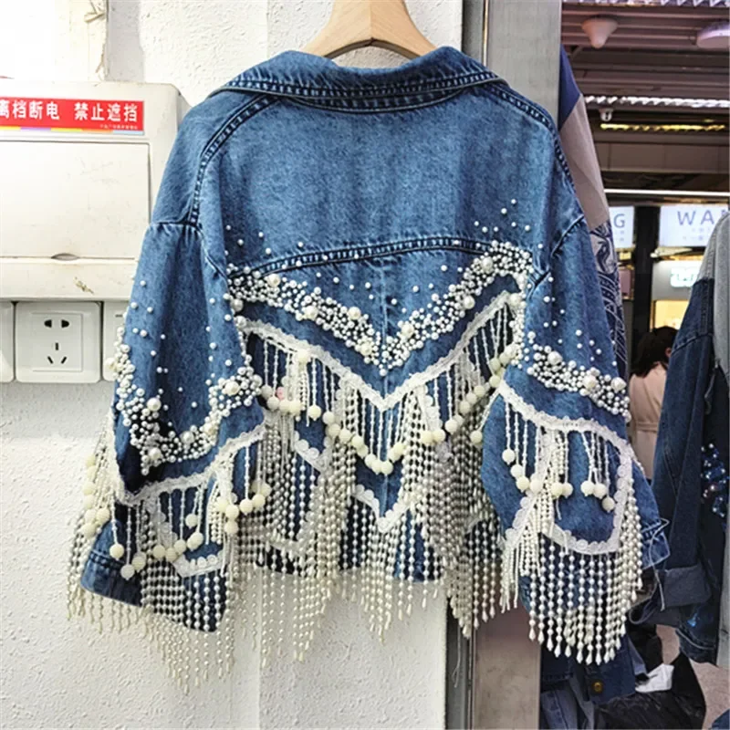 Travail lourd perles gland Denim veste femmes printemps bleu foncé ample court vêtements d'extérieur grande poche à manches longues jean veste femme
