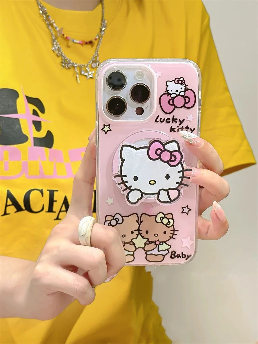 Pink Cartoon Cute Hello Kitty Bow KT Magsafe Wireless Charge Phone Case For iPhone 16 15 14 13 12 Pro Max Kitty Magnetic Holder