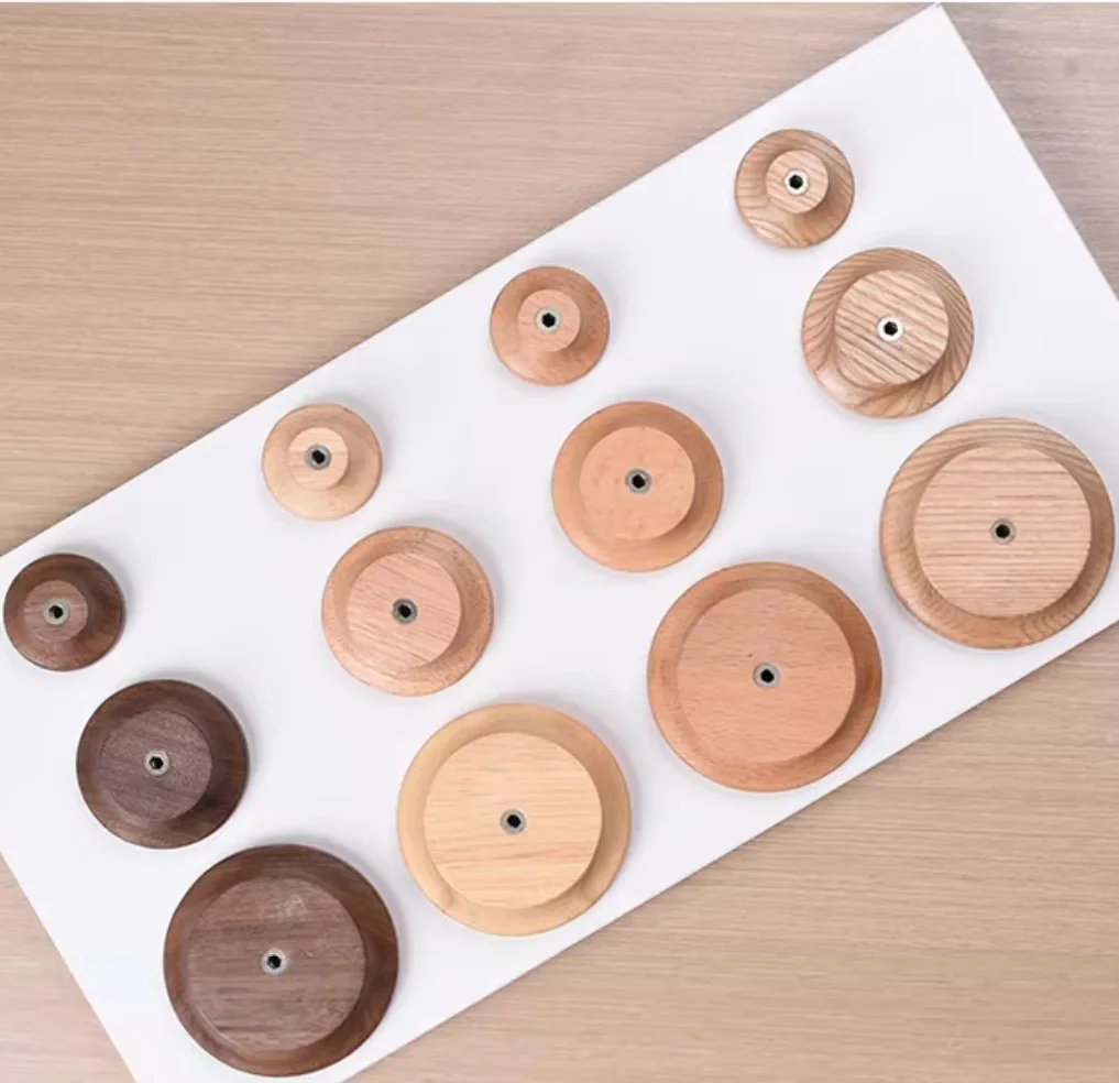 2Pcs Natrual Solid Wood Round Knob Handle For Door Furniture Cupboard Cabinet Walnut Beech Ash Rubberwood