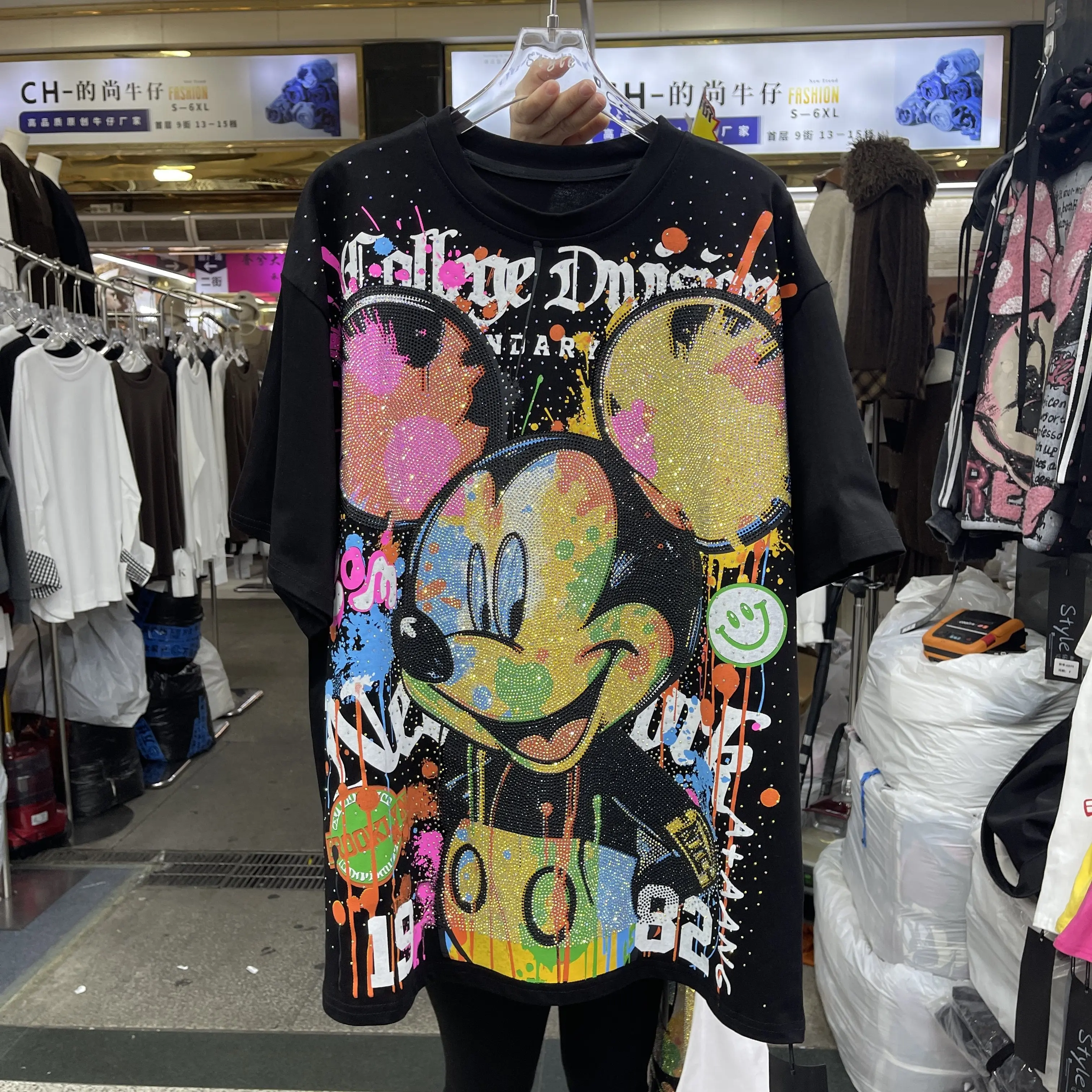 

Модная весенне-летняя женская футболка с коротким рукавом, универсальный пуловер большого размера с круглым вырезом, топ с бриллиантами, повседневные хлопковые футболки с Микки