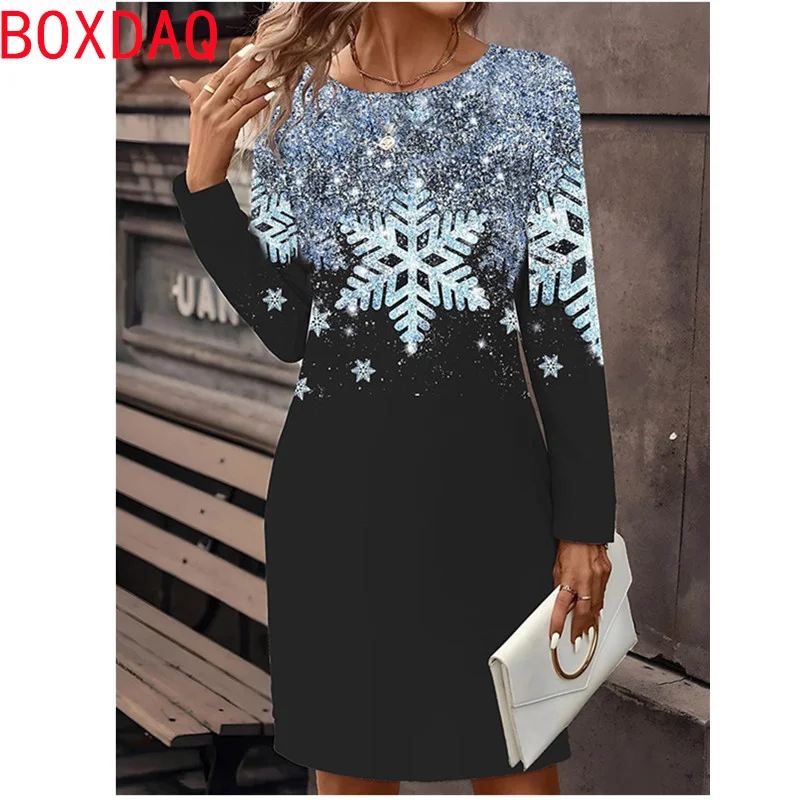 3D Vintage Floral Snowflake Pattern Print Dress Women Autumn Long Sleeve O-Neck Casual Dress Big Size Female Elegant Party Dress