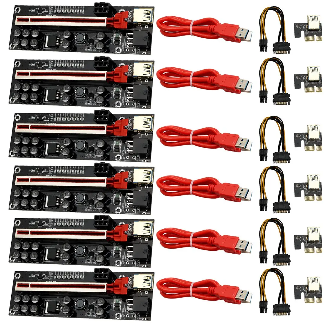 

6 PCS VER011 PRO Riser Card PCI-E 1X to 16X USB3.0 6PIN Graphics Extension Cable with 10 Solid Capacitors B250 B75 BTC