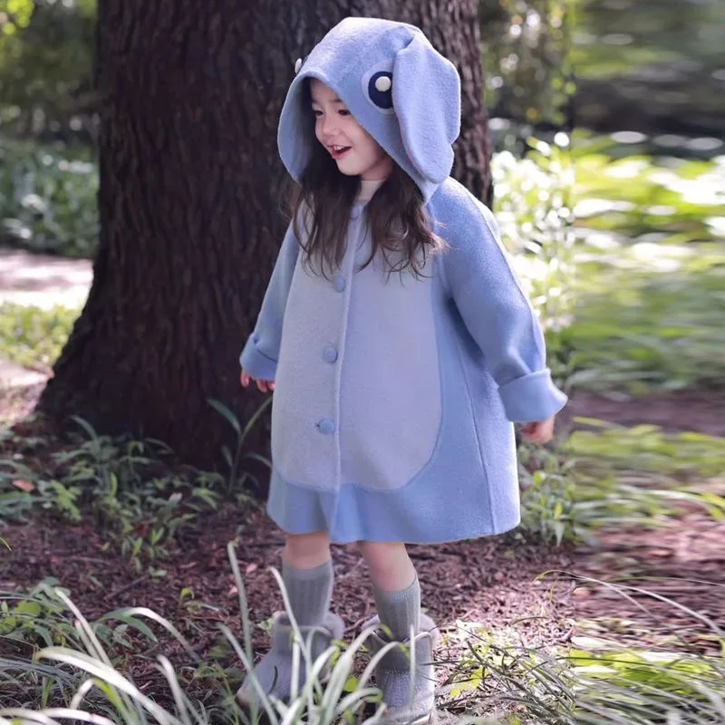 Disney Stitch kawaii overcoat for girls Autumn Winter Rabbit ears Hooded Thickened outer garment kids fashion Jacket gift