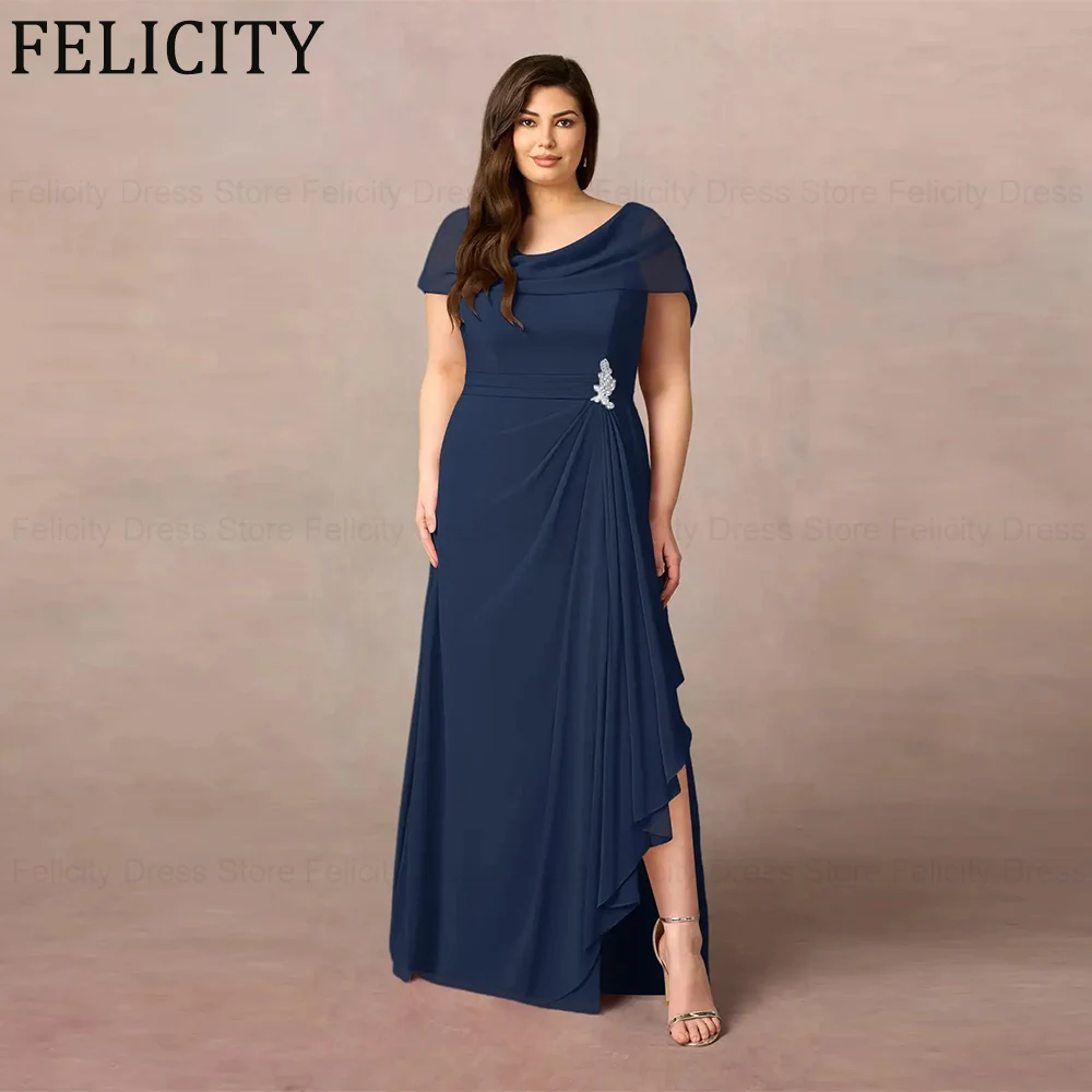 FELICITY Simple Plus Size Mother of the Bride Dresses 2024 A-Line O-neck Pleated Formal Wedding Guest Party Dresses Side Slit