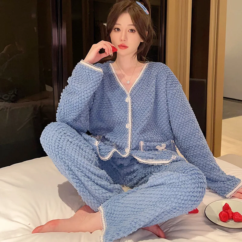 Autumn And Winter New Flannel Pajamas Women's Sweet Cardigan Double Pocket Long Sleeved Pants Set Plus Size Home Clothes Nighty