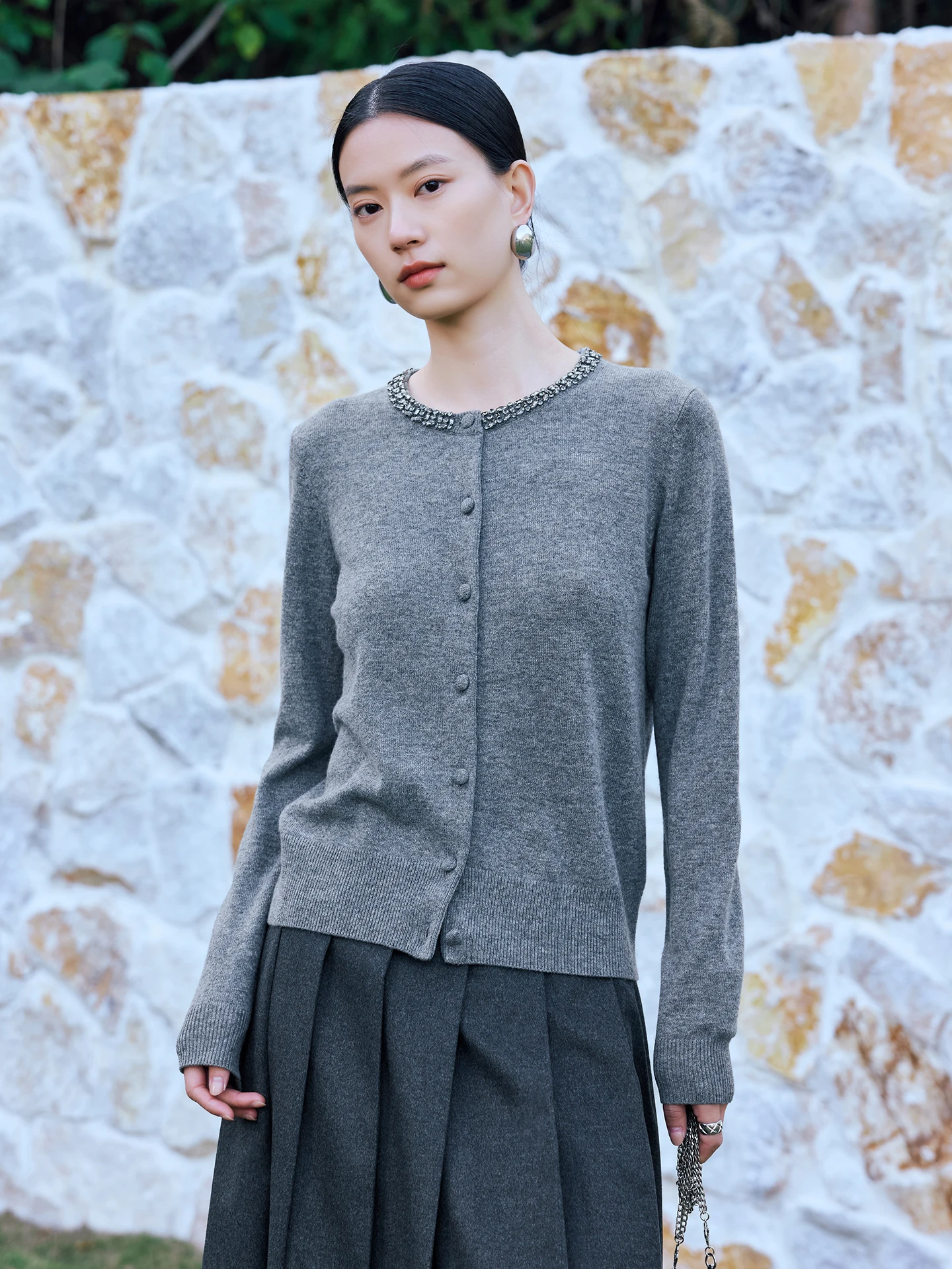 

Новый вязаный шерстяной кардиган Masjm ручной работы с круглым вырезом, повседневный, элегантный, с бисером, женский, с длинными рукавами