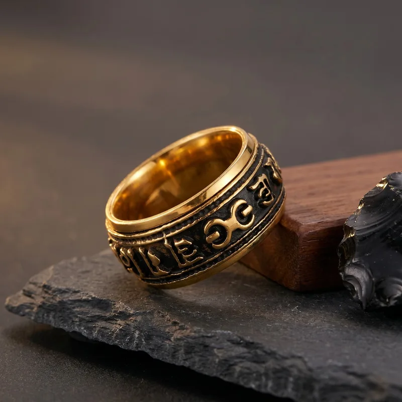 KALEN Lässige Herrenringe aus Edelstahl, Sanskrit-Rune-inspiriert, Vintage-Ring, Fingerschmuck, Modeschmuck, Partygeschenke – Detail 6