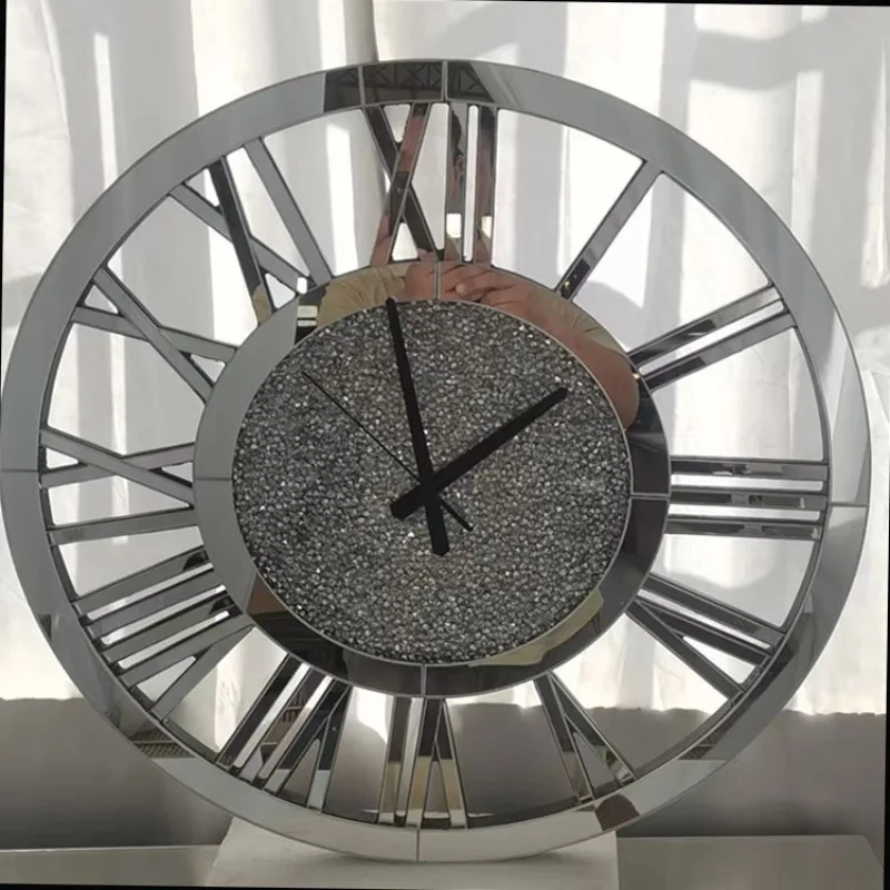 Living Room Home Silver Mirror, Rhinestone Roman Numeral Clock, Silent Wall Clock, Clock