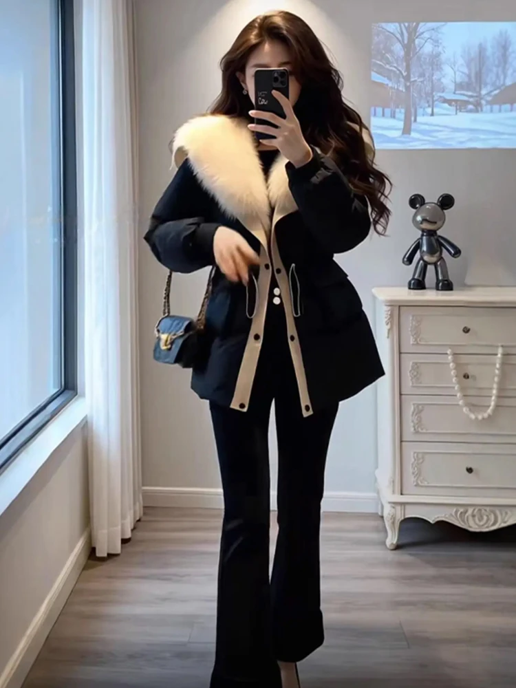 

Korean Sle Thiened Winter Coat with Large Fur Collar Commuter Sle Straight Cut Long Sve Single Button Closure Pure C...