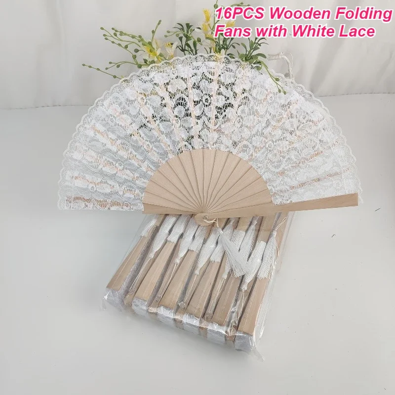 16pack Wooden Folding Fans with White Lace Artisanal Bridal Party Photo Prop Wedding Gifts for Guests & Bridal Shower Home Decor