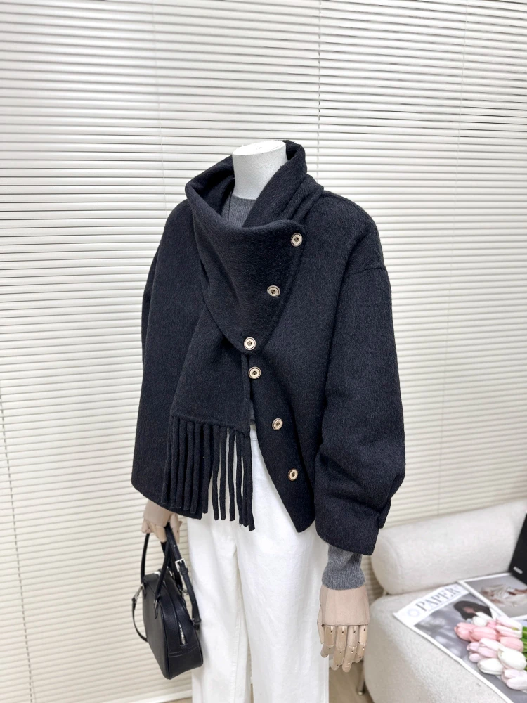 

Detachable Tassel Wool Jacket Women Winter Carbon Black Cashmere Coat Petite Cropped Scarf Collar Coat Short Outerwear