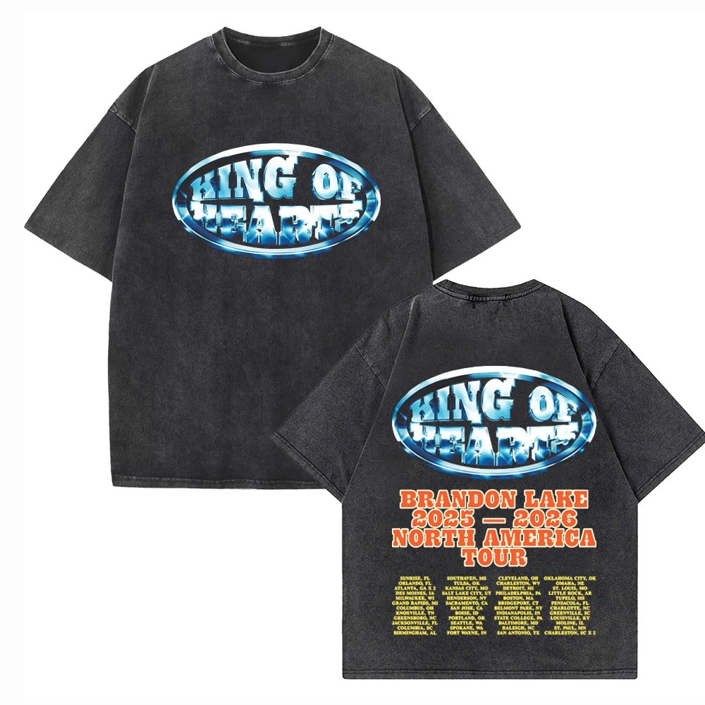 

Промытая футболка Brandon Lake King of Hearts Tour 2025, винтажные хлопковые футболки с круглым вырезом и короткими рукавами