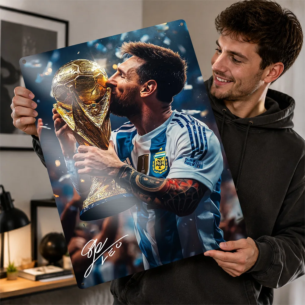 Lionel Messi Kissing Trophy 3D Printed Texture Poster Personalized Wall Art Retro Metal Tin Signs for Decoration Room Wand Deko