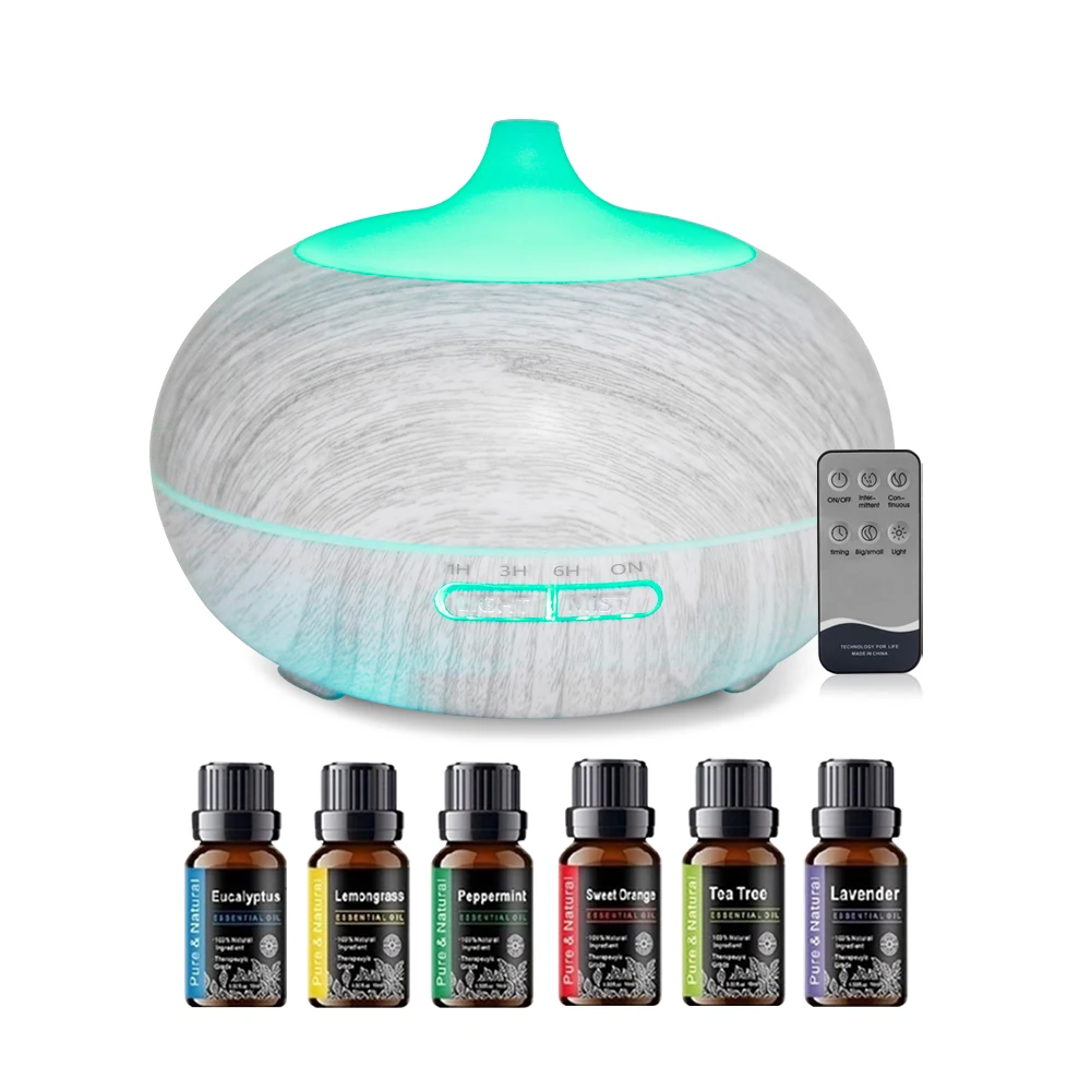 Wood Grain Essential Oil Diffuser 550ml  Large Room Humidifier, Aromatherapy with 6 Oils, 7 Color Changing LED, Auto-Off, Quiet