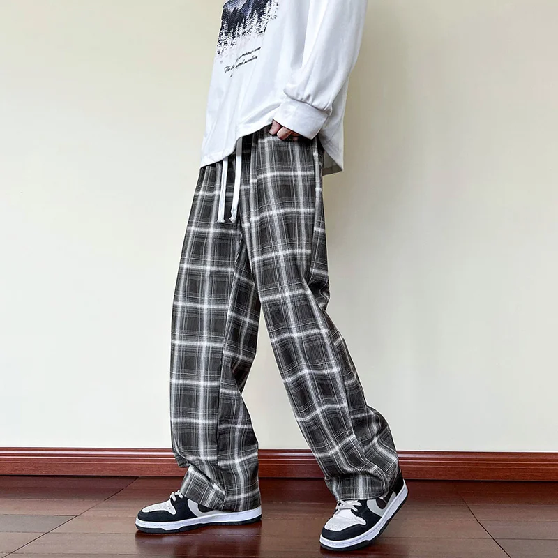 2024 Autumn New Corduroy Vintage Plaid Pants Men Streetwear Wide Leg Baggy Harajuku Fashion Casual Drawstring Trousers