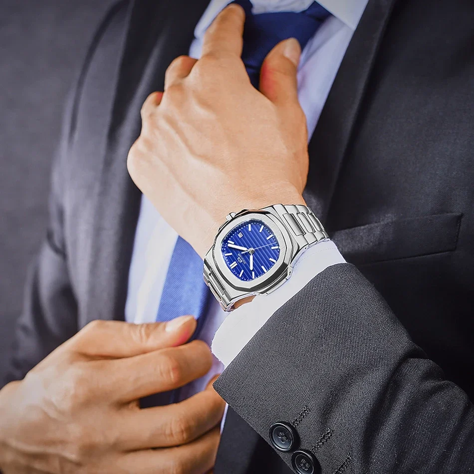 Orologi automatici da uomo meccanici a carica automatica luminosi in acciaio inossidabile blu grigio caffè semplice business