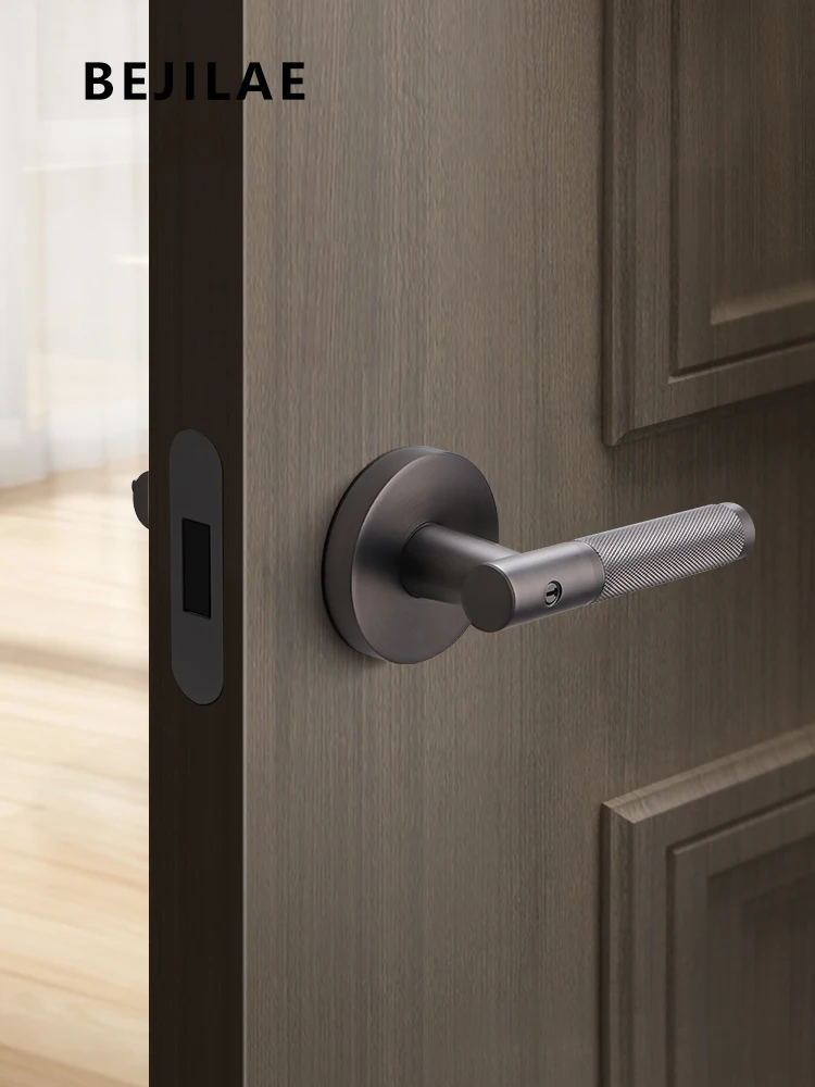 Indoor Magnetic Suction Door Lock with Key - Silent Three-lever Hand Lock Single Tongue Household Door Handle for Security