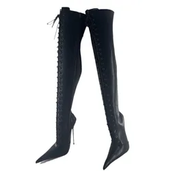 European and American high heels over knee boots with zippers, extra long pointed front straps, sexy fashion shoes, and bound ov