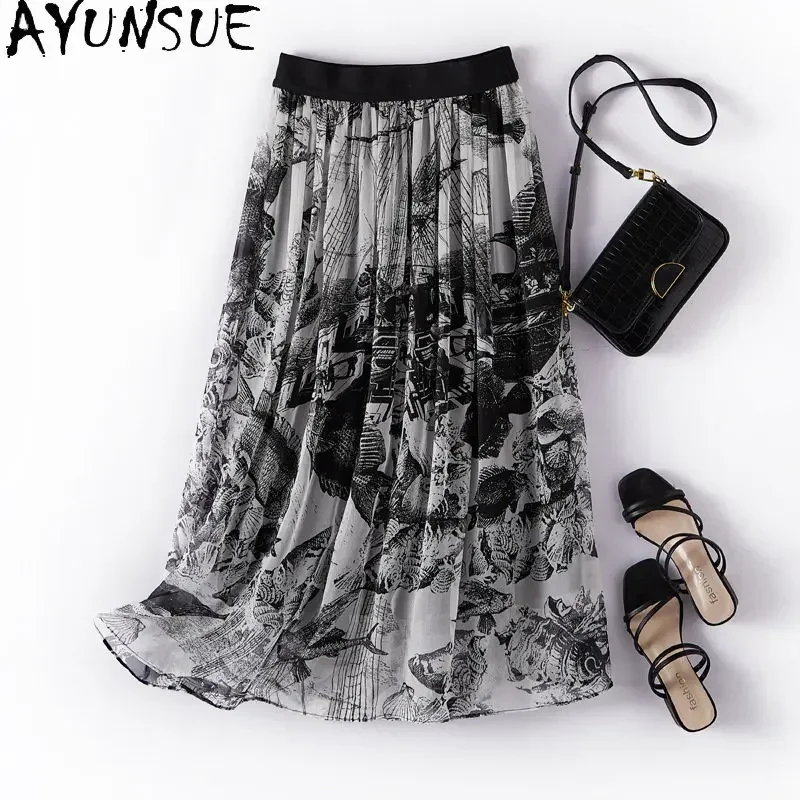 95% Mulberry Real Silk Skirts For Women Summer New Ink Painting Elegant Skirt A-line Slim Skirts Women's Clothing Female Юбки