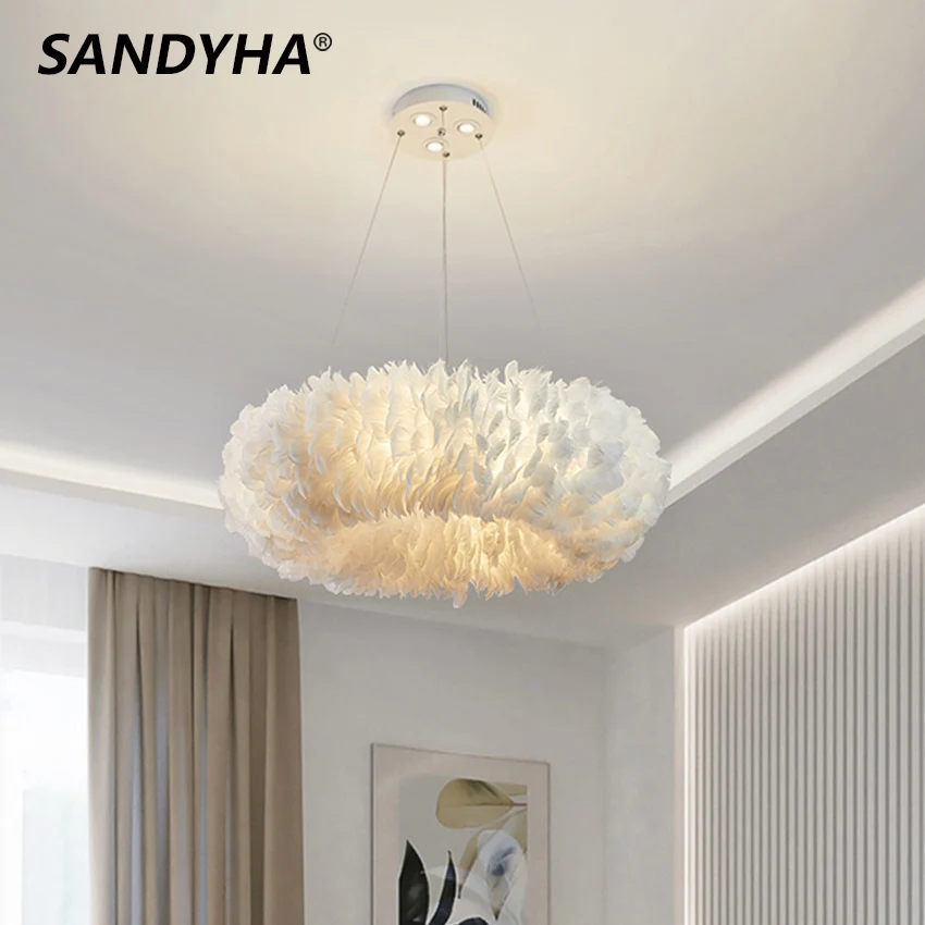 

SANDYHA Nordic Luxury LED Chandelier Goose Feather Pendant Light Living Dining Room Bedroom Parlor Hall Home Decor Hanging Lamp