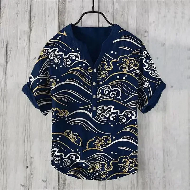 EbayTIKI's best-selling 3D digital printed spring/summer bamboo knot linen men's V-neck short sleeved shirt, Chinese style men's