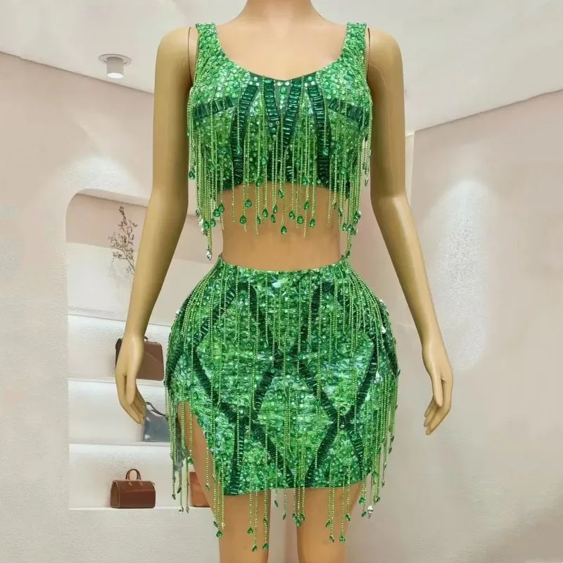 Sparkly Green Rhinestones Fringe Crops Top Mini Skirt Set Women Singer Bar Concert Stage Wear Birthday Party Performance Costume