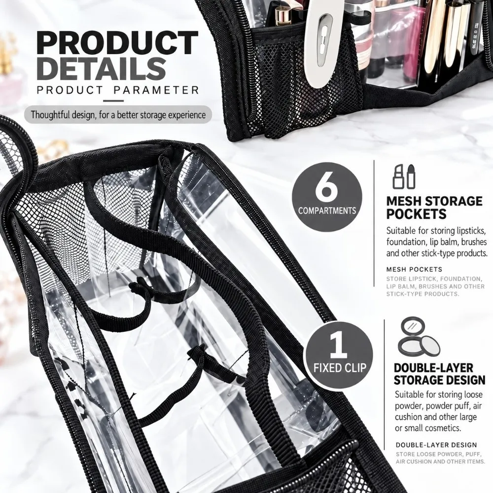 Wasserdichte Make-up-Organizer-Tasche mit elastischer Pinselhalterung, Netztasche, Kosmetik-Aufbewahrungstasche, PVC-Lippenprodukt-Organizer – Detail 10