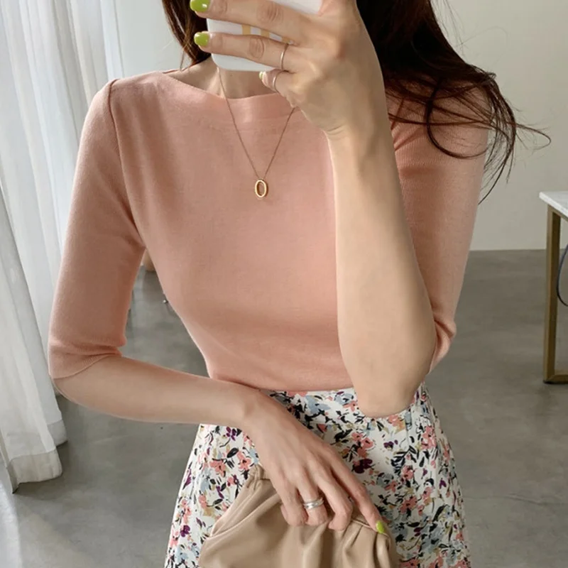 Chic été coupe ajustée ronde Ne ort Sve haut tricoté femmes couleur à la mode polyvalent pull coréen Sle
